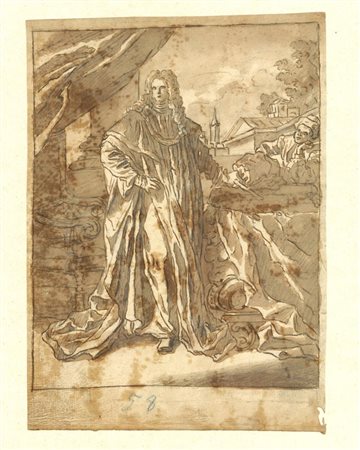 Nobiluomo accanto ad un trono. Sullo sfondo paesaggio urbano e giovane contadino   Alessandro Longhi