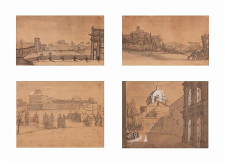 Lotto di 4 disegni raffiguranti vedute di Roma   