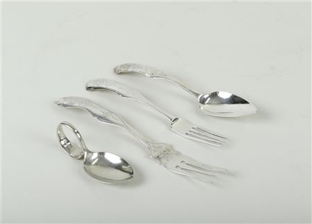 A lot consisting of (4) spoons and forks (including tea and sugar), ca. 1850....
