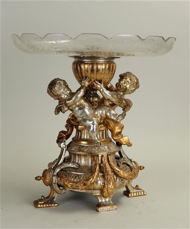 A partly fire-gilded and silvered piece de milieu with etched glass tazza.