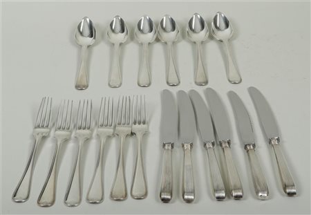 A silver cutlery set for six consisting of a fork, a knife, and a spoon. 19th...