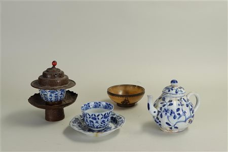 A lot of various Asian items including a teapot, a soapstone bowl with bronze...