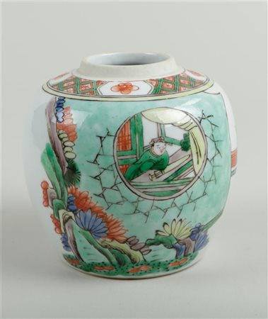 A porcelain famile verte ginger jar decorated with various figures. China,...