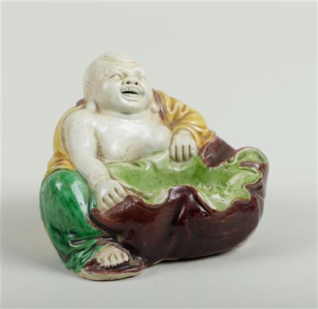 A sancai scolar desk ornament water bowl in the shape of a laughing buddha....