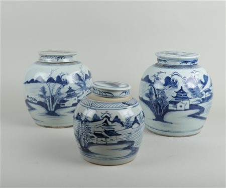 A lot of three large porcelain ginger jars with landscape decoration. China,...