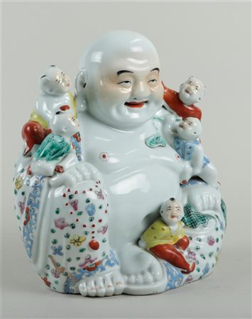 A large Chinese porcelain Buddha with laughing boys, famille rose, marked on...