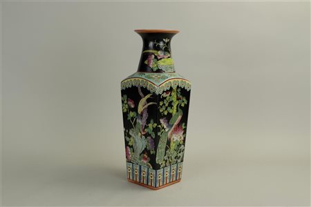 A square Chinese Famile Noir vase with a depiction of golden pheasants on a...