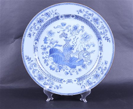 A porcelain dish decorated with flower vase-on-leaf decor, and sword decor,...