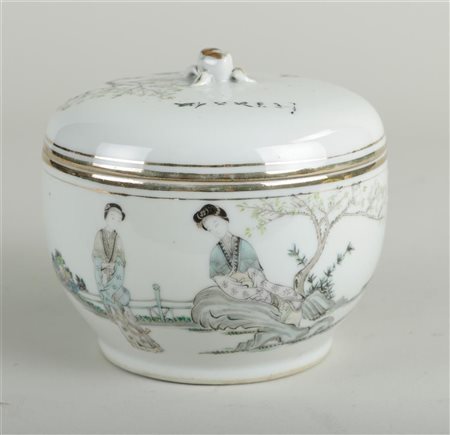 A Qianjiang porcelain covered jar decorated with various figures and text on...