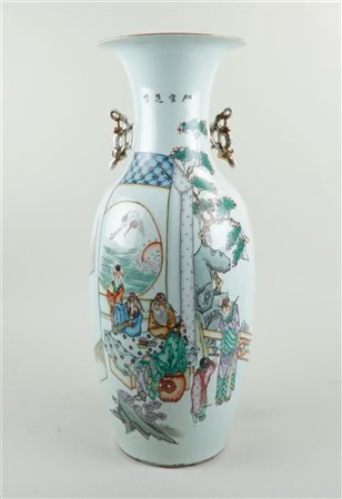 A porcelain Qiang Yang cai vase decorated with various figures and characters...