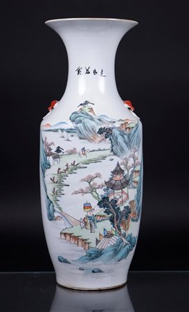 A large porcelain baluster vase with landscape decor and characters on the...