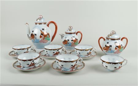 .A porcelain 6-person Satsuma tea set with large characters, circa 1900.