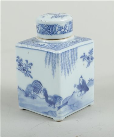 A porcelain square tea caddy decorated with figures and animals. China,...