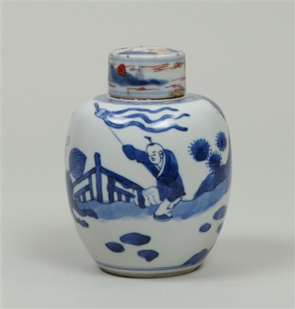 A porcelain ginger jar with figures and qilins. China, Kangxi. Imari lid...