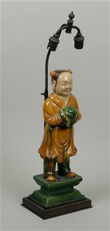 A Sancai figure of a Chinese girl, converted into a lamp base.H. 50 cm.