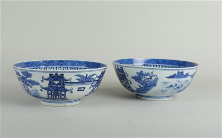 A set of two porcelain bowls with landscapes and figures. China, 18th...