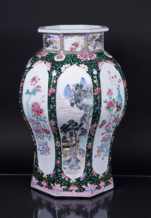 A very large famille rose lidded vase decorated with landscapes and antiques...