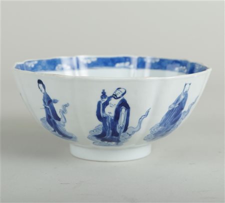A porcelain lobed bowl decorated with various immortals, marked Chenghua....