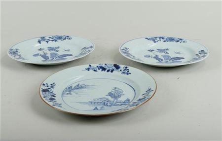 A lot of 2 plus 1 porcelain plates. China, 18th century. Edge damage and...