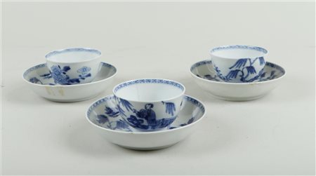 3x Porcelain cups and saucers with decoration of long leaved elm at fence and...