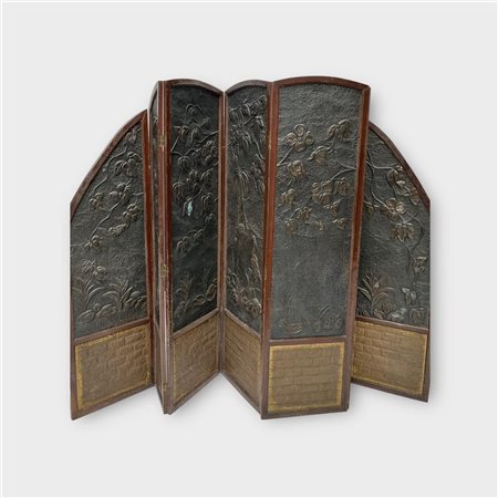 A large Chinese room screen with brass decoration of flowers. 1st half 20th...