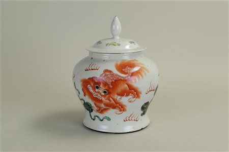 A Republic lidded jar with poem and Foodog in iron red. Marked on the bottom,...