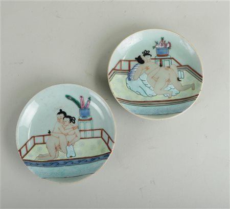 Two porcelain plates with erotic representation. China, late 19th...