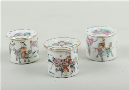 3x Porcelain small lidded jars Famille Rose with figure and horse decoration....