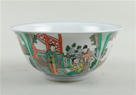 A Famille Verte porcelain bowl decorated with figures (subject Romance of the...