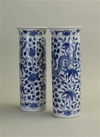 A set of two cylinder vases with dragon decoration, marked Kangxi. China,...
