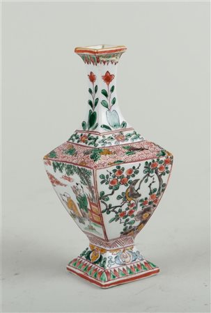 A square porcelain Famille Verte vase with decoration of figures on the...