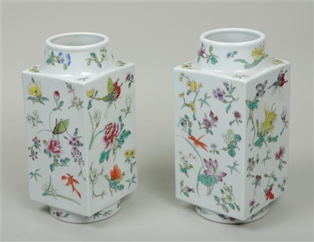 A set of two porcelain famile rose vases, marked on the bottom. China, 20th...