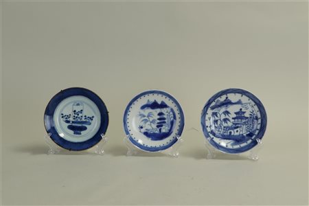 A lot consisting of (3) Chinese dishes pagoda in landscape, and one flower...