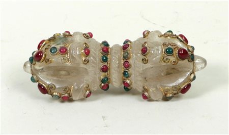 A Tibetan smoked glass / rock crystal prayer glass with base stones mounted...