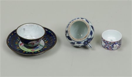 A lot of various items including an enamel cup and saucers and two porcelain...