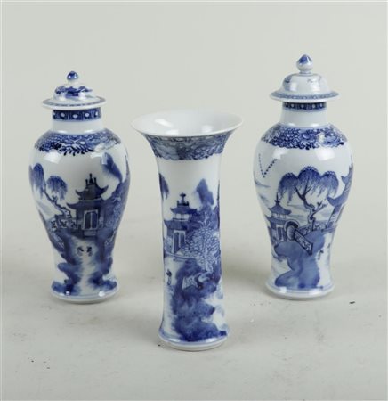 A three-piece porcelain garniture with landscape decoration. China,...