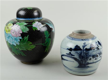 A lot consisting of a porcelain and large cloisonne ginger jar.