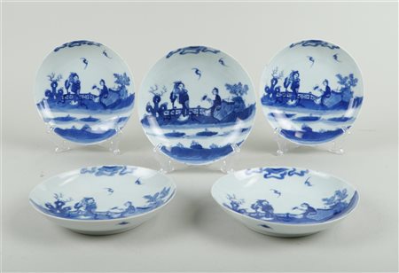 Five Porcelain blue and white plates with 2 figures and bat. China, 19th...