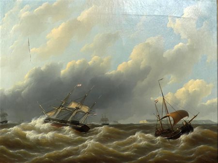 P.C. Schotel (Dordrecht 1805 - 1856 Dresden), Ships on a rough sea off the...
