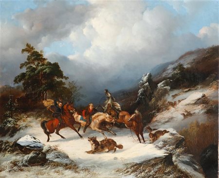 H. Lotar, A winter landscape with travelers attacked by a pack of wolves....