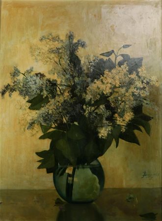 Jan Bogaerts (1878 - 1962), Blue and white lilacs in a glass vase, signed,...