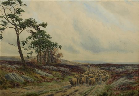 Richard William Halfnight (1855 - 1925), Heathland with shepherd and flock of...