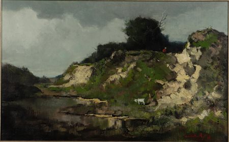 Leendert van der Vlist (1894-1962) Dune landscape with goatherd. Oil on...