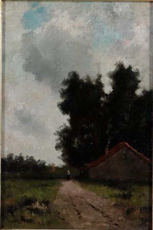 W.H. Jintes ( 1855- 1924), Farmer woman at a farm with a smoking chimney. Oil...