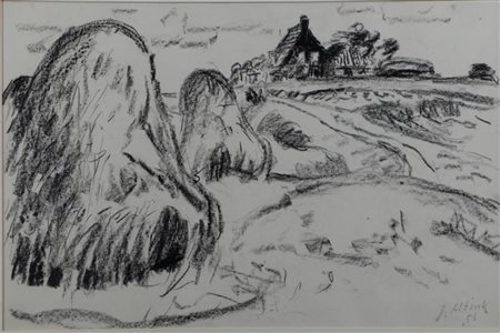 Jan Altink (Groningen 1885 - 1971), Haycocks for a farm in Groningen, black...