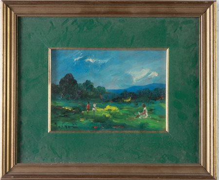 Goffredo Paganini (Orte 1917 - Roma 1978). Paesaggio con figure.