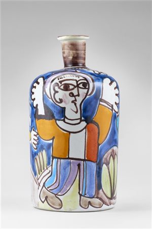 Giovanni De Simone Bottiglia in ceramica dipinta in policromia con figura maschi