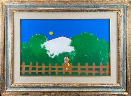 Walter Pozzi "Innamorati dietro la staccionata" olio su tela (cm 40x60) firmato