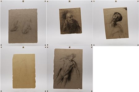 Scuola del secolo XIX, Lotto composto da cinque tecniche miste su carta raffigu