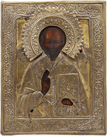 Arte russa, fine secolo XIX. "San Nicola" icona a tempera su tavola con riza in